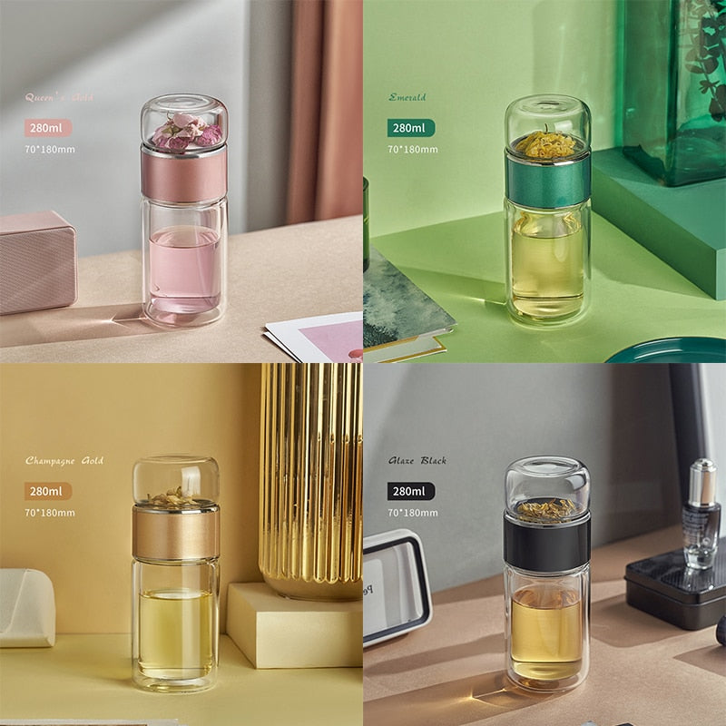 Silver Rim Tea Borosilicate Glass Double-Layer Tea And Water Separation Cup.